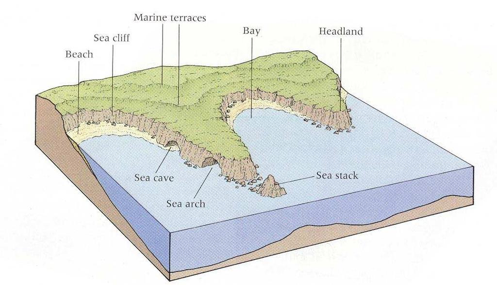CAVES, ARCHES, STACKS AND STUMPS Wave erosion is concentrated on headlands by wave refraction A