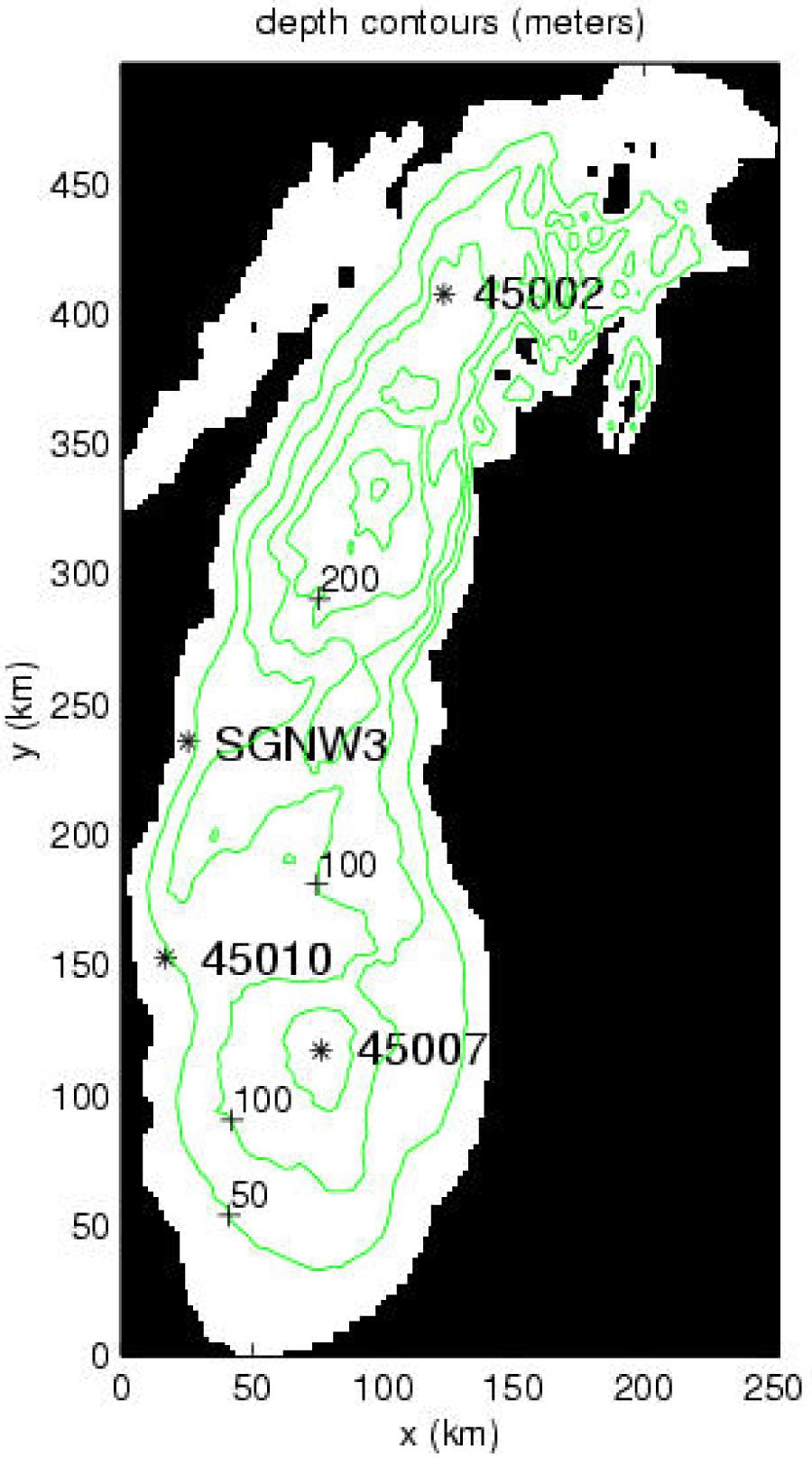 Allard et al. 22 Fig. 17 Bathymetry and data locations for Test 5 Table 10 Bulk Parameters at the Peak of Each Event Buoy 45007 Hm0 (m) 3.7, 5.2 Tp (s) 7.7, 10.0 Tm01 (s) 7.5, 9.