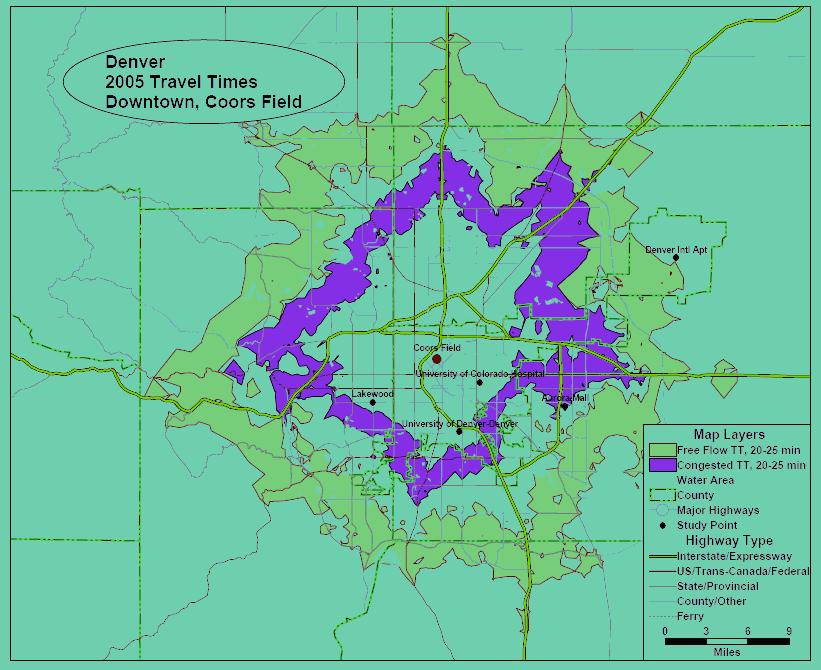 2 Reason Foundation Figure 1: Example of 25-Minute Drive Times for Denver Downtown Drive time contours have also recently been used to describe and compare the productivity of regions.