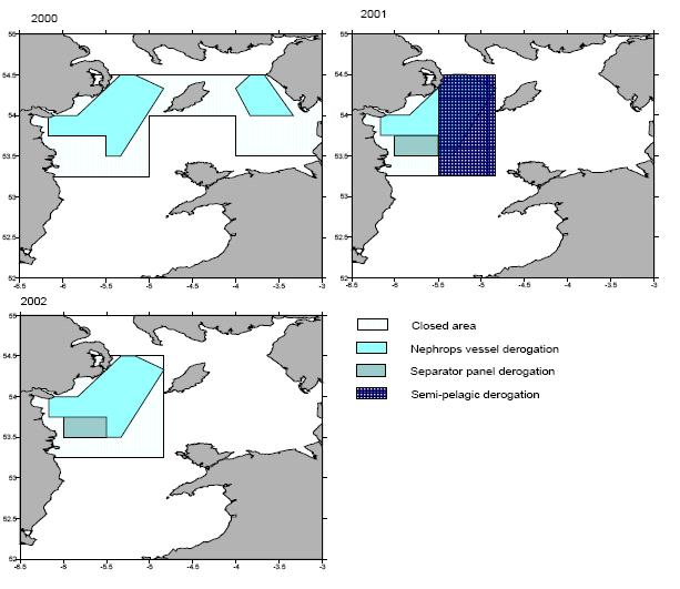 Extent of the Irish Sea cod closure in 2000, 2001 and 2002 and onwards. The darker area in 2002 indicates the area within which derogated Nephrops trawlers are permitted to fish.