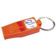 A special whistle is tied to a string on the PFD. This whistle is used to call for help in an emergency. The whistle is designed to work in wet conditions.