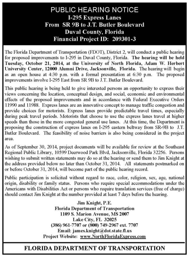 Public Hearing Notification Advertised in Florida Times-Union (September 30, October 14, 2014) Florida Administrative Register Website