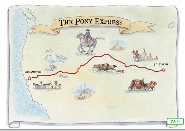 This map shows the whole route of the Pony Express. It started in St. Joseph, Missouri, where the train tracks ended.