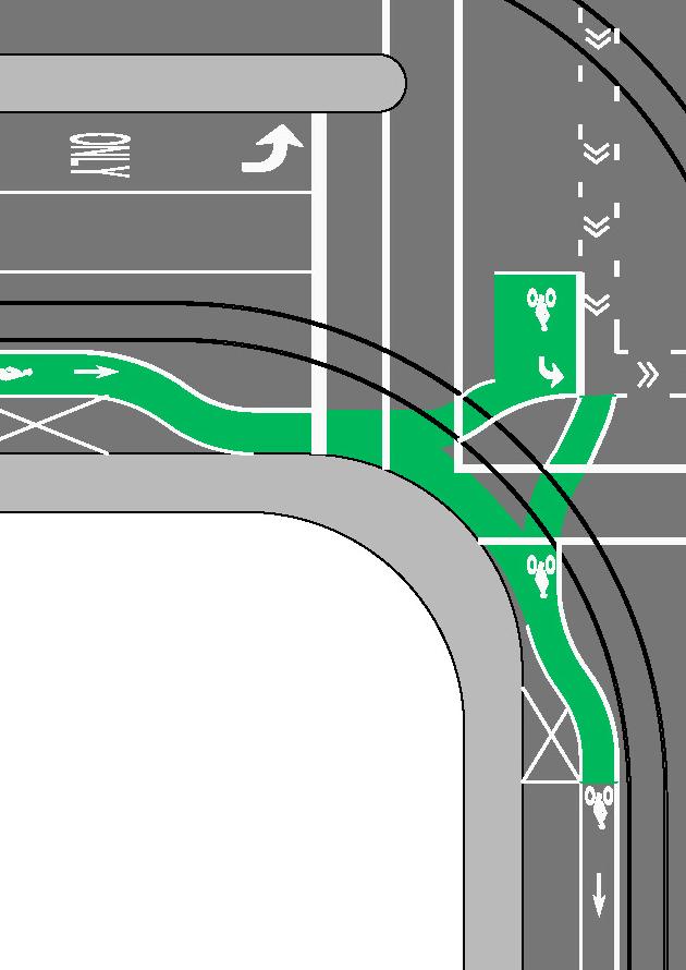 Widen radius for bike lane Cross bikes at 45