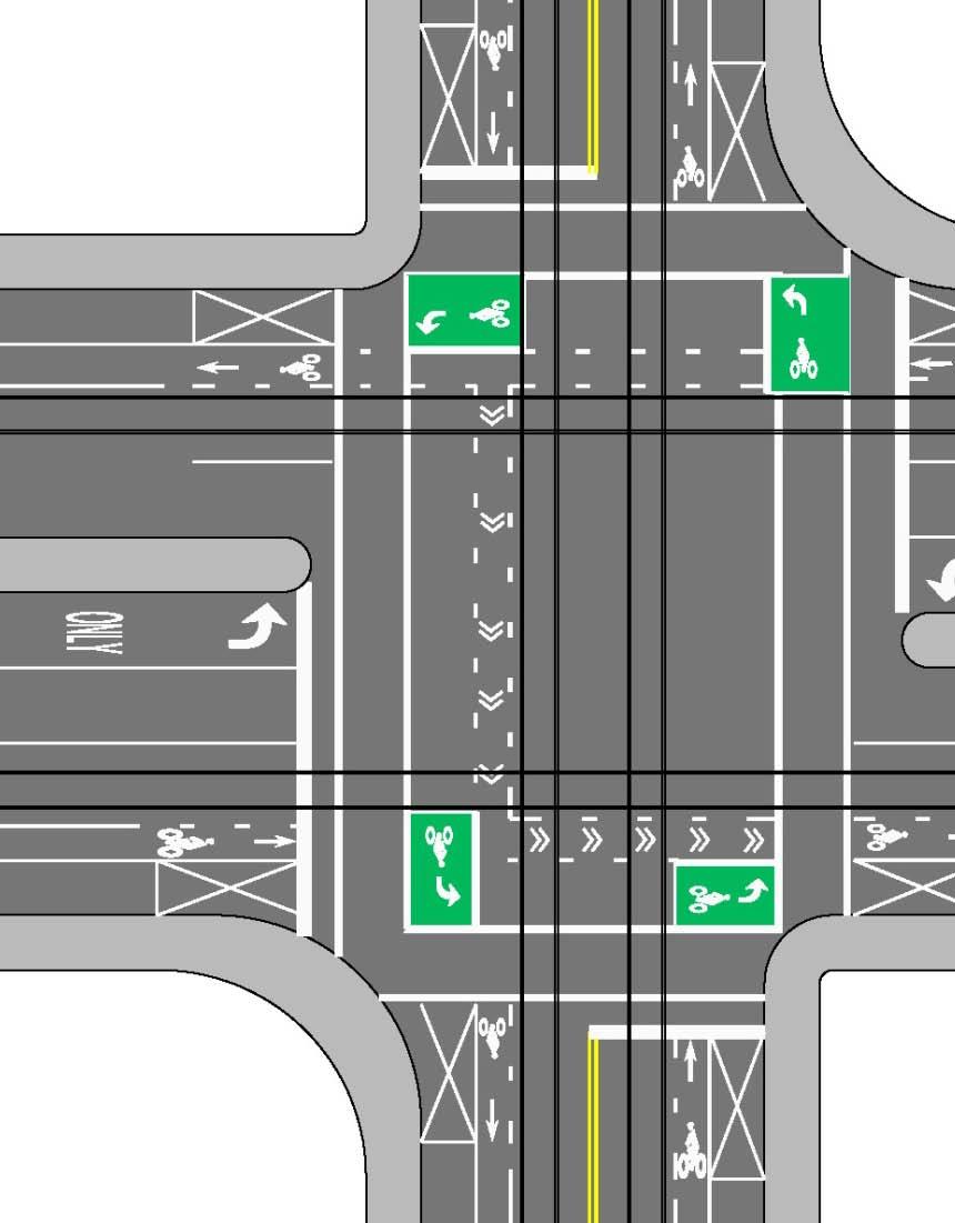 Potential path of passing vehicles across bike box move crosswalk Considerations: Vehicle left turn lane?