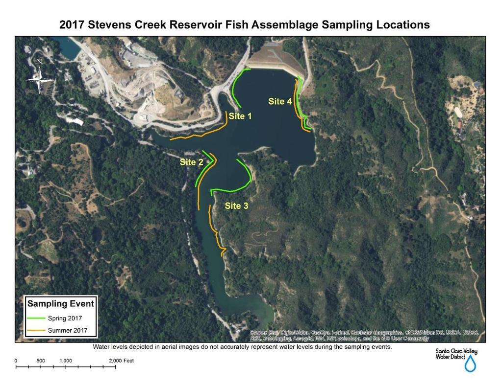 Figure 21: Stevens Creek Reservoir sampling locations spring and summer (2017). Table 12: 2017 Stevens Creek Reservoir capture table for spring and summer sampling events.