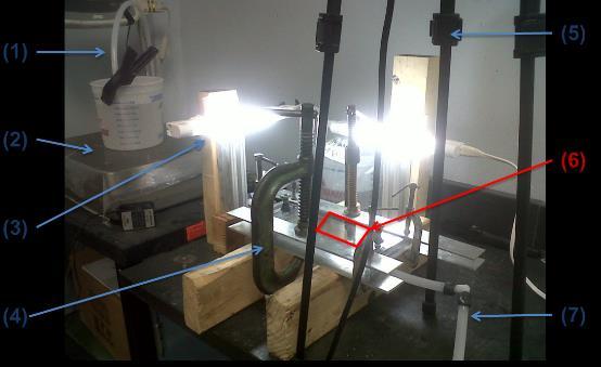 Photograph of in-plane void migration visualization setup with the following components: (1) Resin line, (2) Scale, (3) Lamp, (4) Clamp, (5) Camera, (6) Camera field of view, (7) Vacuum port.