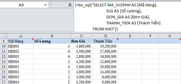 Ví dụ 3: Chọn danh sách số chứng từ duy nhất (DISTINCT) từ sổ KHO =BS_SQL("SELECT DISTINCT SO_CT FROM KHO") Ví dụ 4: lấy ra các cột dữ liệu MA_VLSPHH, SLG, DON_GIA, THANH_TIEN trong bảng KHO