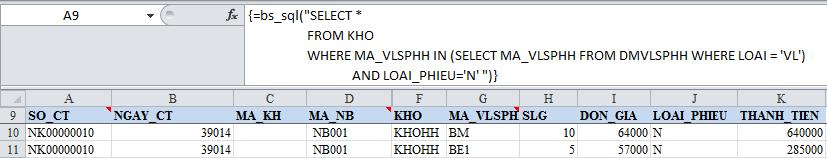 Có thể làm điều kiện mà dữ liệu làm điều kiện nằm ở sheet khác. Ví dụ trên, dữ liệu lấy ra là sổ KHO nhƣng dữ liệu làm điều kiện lấy ở DMVLSPHH so sánh với cột MA_VLSPHH ở sổ KHO.