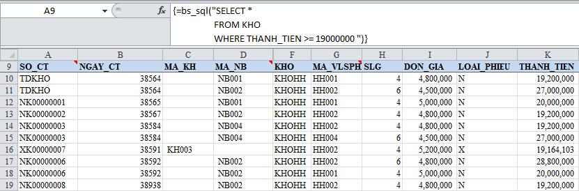 Ví dụ 13: Lấy ra tất cả các cột dữ liệu (*) từ sổ KHO ở đó THANH_TIEN trong khoảng từ 19000000 đến 25000000