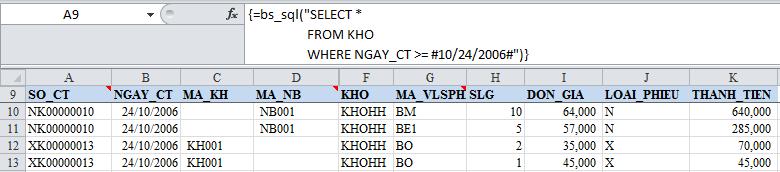 dùng BETWEEN Ví dụ 14: Lấy ra tất cả các cột dữ liệu (*) từ sổ KHO ở đó ngày chứng từ (NAY_CT) lớn hơn 24/06/2006