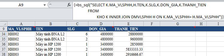 Theo cách làm công thức Excel thông thƣờng, muốn lấy tên phải dùng VLOOKUP tìm mã hàng trong DMVLSPHH rồi copy cho tất cả các dòng còn lại.