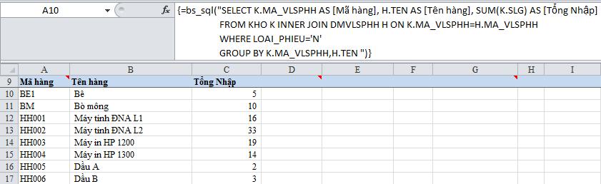 Ví dụ 19: Lập sổ gồm các cột: MA_VLSPHH, Tên hàng, Tổng số lƣợng hàng, điều kiện LOAI_PHIEU là nhập (N) =bs_sql("select K.MA_VLSPHH AS [Mã hàng],h.ten AS [Tên hàng],sum(k.