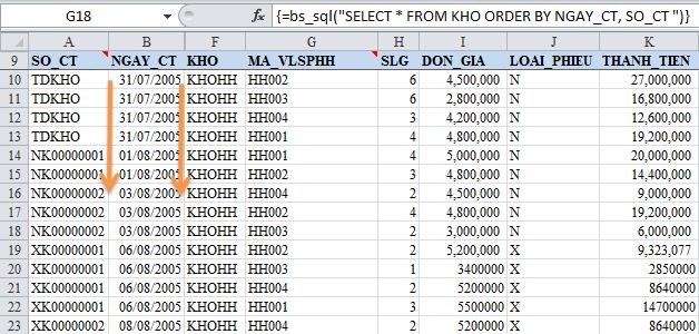 Ví dụ 24: Chọn tất cả các cột từ sổ KHO, cột THANH_TIEN sắp xếp giảm dần =BS_SQL("SELECT * FROM KHO ORDER BY THANH_TIEN DESC ") Ví dụ 25: Lập danh sách gồm mã khách hàng, tên khách hàng với số tiền