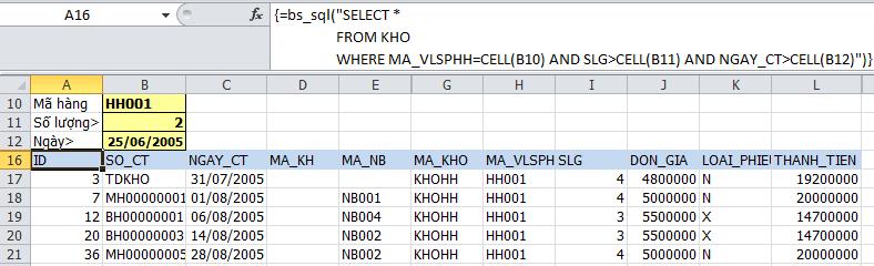 Ví dụ 35: Hàm CELL Lấy dữ liệu từ sổ KHO mà MA_VLSPHH là mã trong ô B10 VÀ số lƣợng > số lƣợng ở ô B11. Giả thiết B11 chứa giá trị 2.