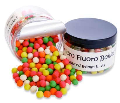 Micro Fluoro Boilies 200ml 4.99 Unique, unflavoured, fluorescent 6-8mm hi-vis boilies. Fluorescent orange, green, pink, yellow and white all in one 200ml pot.