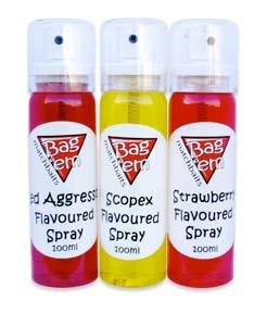Flavoured Sprays 100ml 2.99 100ml spray to lightly flavour boilies and pellets. These sprays are excellent to flavour the micro fluoro boilies on the page opposite.