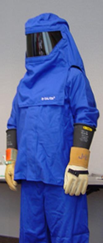 40+ flashsuit w/ hood over arc-rated FR long sleeve shirt and long pants Safety glasses