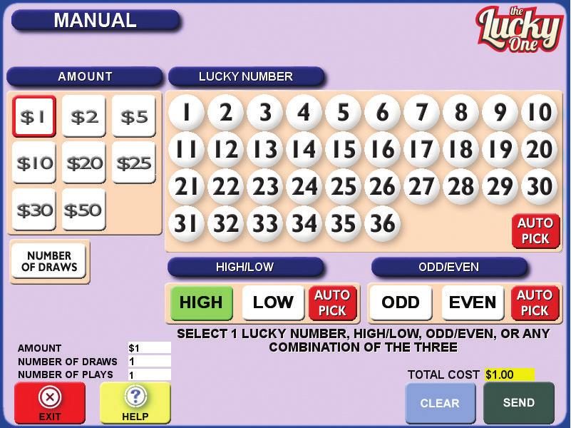 Each ticket can have 1 to 3 plays, choosing from the following bet types: Lucky Number, Odd/Even and Low/High.