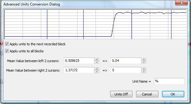 Figure AMe-1-S9: The Advanced Units Conversion dialogue window with the voltages between the cursors set to equal the concentrations used in calibration. 6.
