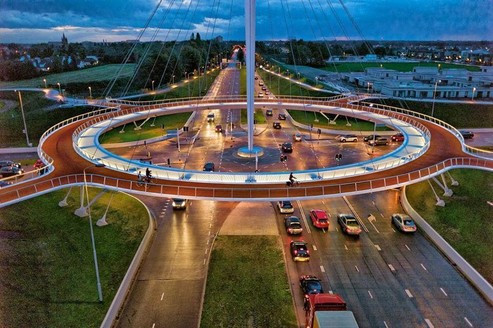 The Hovenring just outside of Eindhoven, Netherlands is a floating traffic circle for