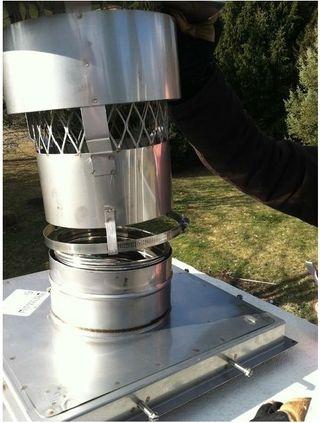 Advertisements Step 14: Install the chimney rain cap The next step is to secure the rain cap to the top plate. The collar of the top plate will get inserted inside of the rain cap.
