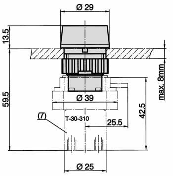 Series T Dimensions for actuator Push button, order number 18-T-23-011 Actuating