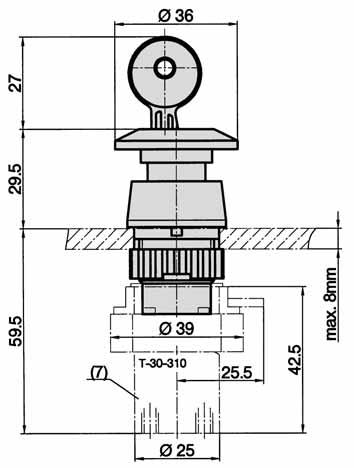 Series T Dimensions for actuator Stop/Key return, order number 18-T-23-015