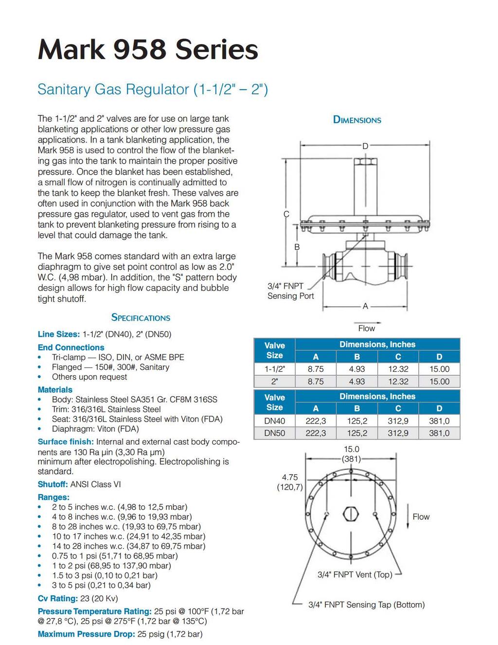 Mark 958 Series Sanitary Gas Regulator (1-1/2" - 2") The 1-1 /2" and 2" valves are for use on large tank blanketing applications or other low pressure gas applications.