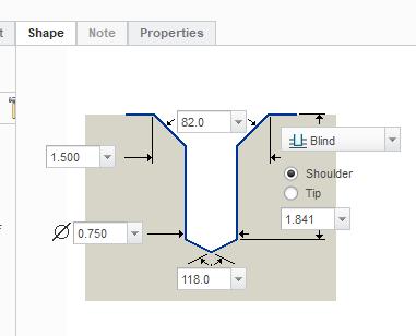 3. Select the Shape Tab on the toolbar > Set Values of your hole Degree Angle of Taper