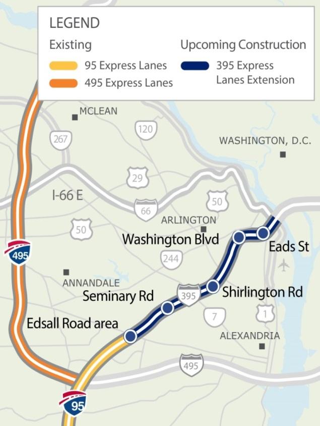I-395 and I-95 Express Lanes Extensions I-395 Express Lanes Northern Extension Construction underway Open in fall 2019; other project elements completed by summer 2020 Project includes adding one