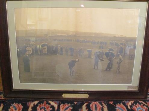 Andrews Amateur Championship final match between Howie Huthchinson and Chester Hutchings, The orig. A. Downie sepia tone photograph is (21 x 14 ) and is wood framed, single matted with a faded brass plate.