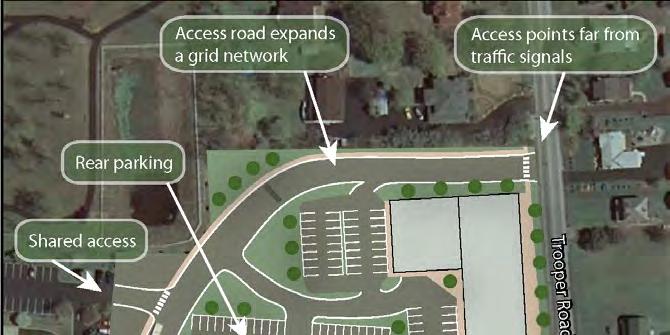 Figure 10 highlights the conceptual implementation of several access management techniques in the northwest quadrant of the Ridge Pike and Trooper Road intersection.