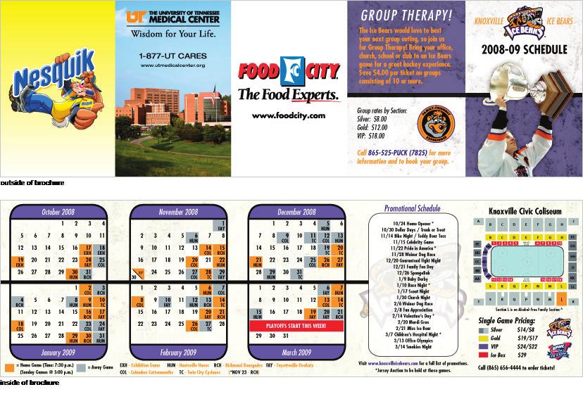 Ice Bears pocket schedule For a year and a half, I worked at the sole graphic design intern for the Knoxville Ice Bears professional hockey team.
