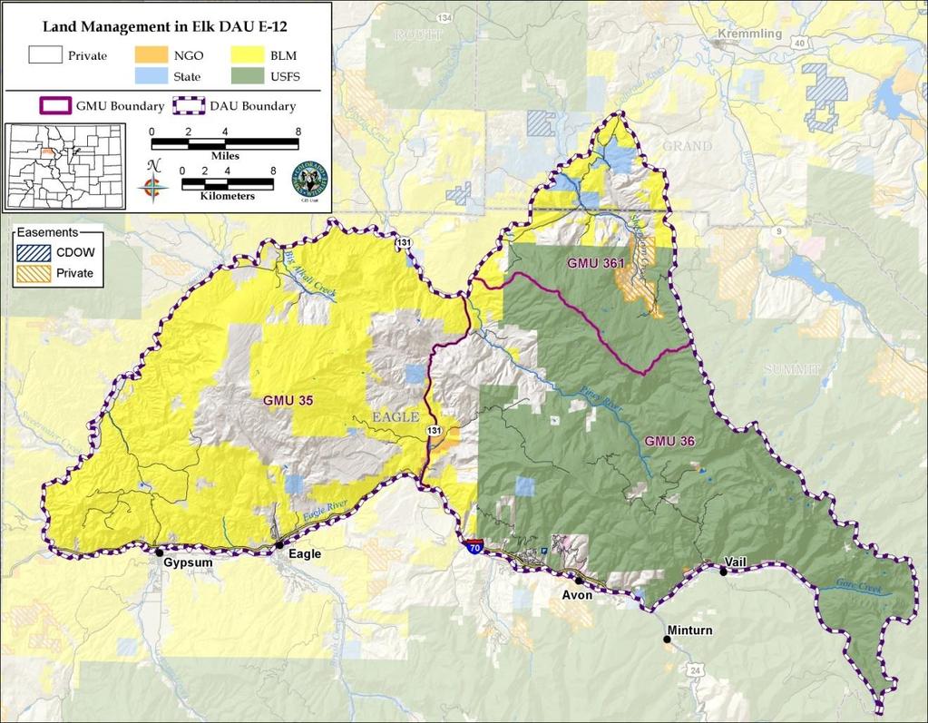 Habitat Resource and Capabilities Land Status The Piney River DAU E-12 covers >1,600 km 2 of land area. Three-fourths of the DAU is public land, and one-fourth is private (Table 1 and Figure 6).
