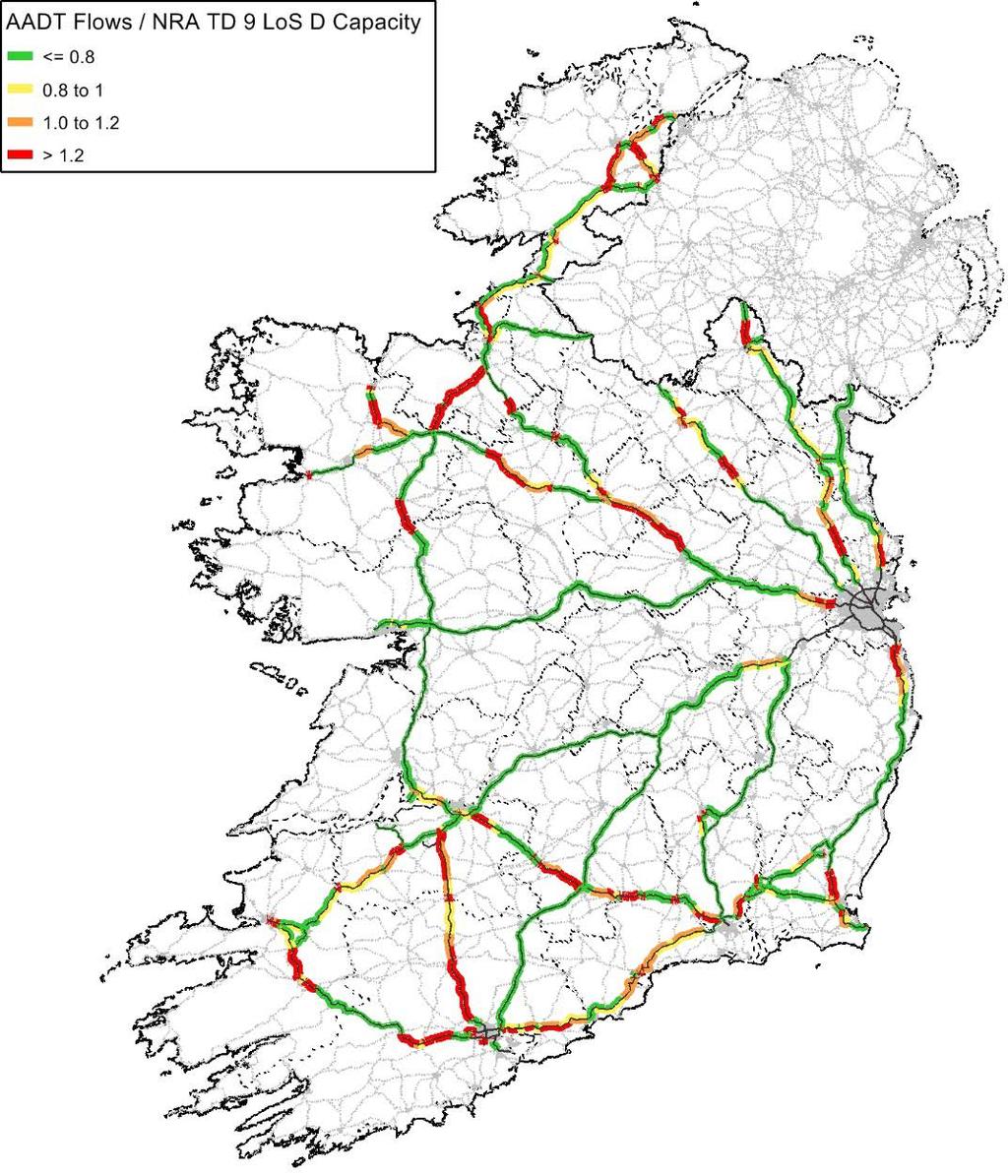 What sections of the Network were considered. AADT Flows / Capacity (LoS D) (< 1.0) = 1,941 km (1.0 to 1.