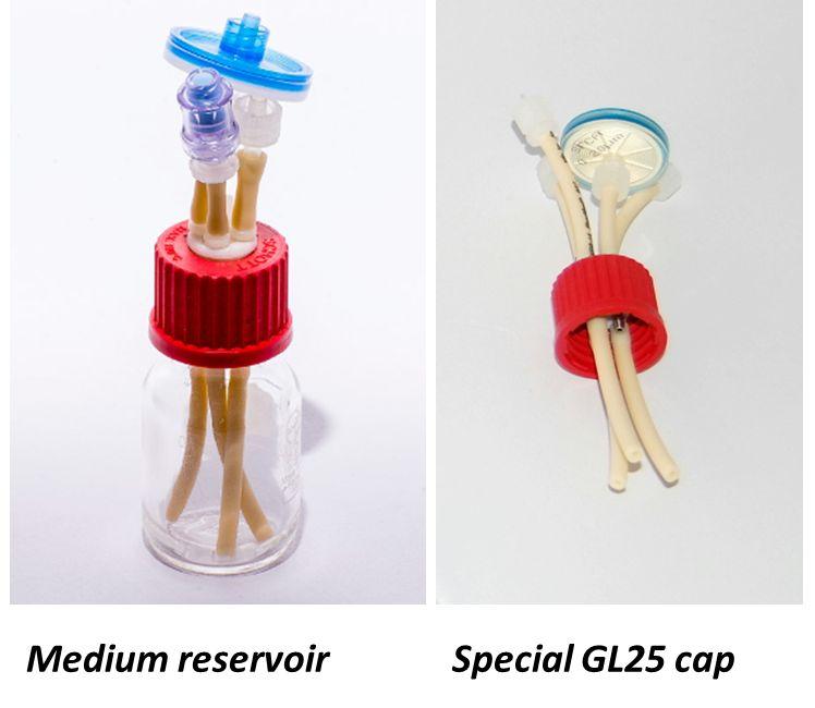 Medium reservoir Autoclavable media bottle (25 ml) with special GL25 cap, with four accesses: - Inlet/outlet port (barbed fitting) connected to the