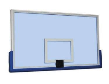 Backboard Safety tempered glass basketball backboard with protective film, dimensions 1800x1050x12 mm with ring cut-out, mounted onto varnished steel frame. Order No.