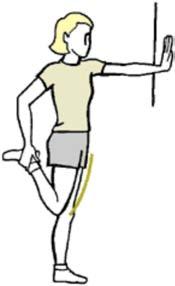Step in towards the wall with your right leg, bending your right knee and keeping your left leg straight.