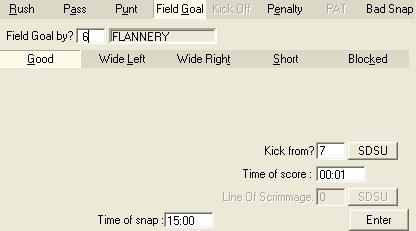 DakStats Football Quick Start Guide 4 of 7 Entering Field Goals 1. Click the Field Goal tab, and enter the jersey number of the kicker. 2. Select the kick outcome (Good, Short, Blocked, etc.). 3.