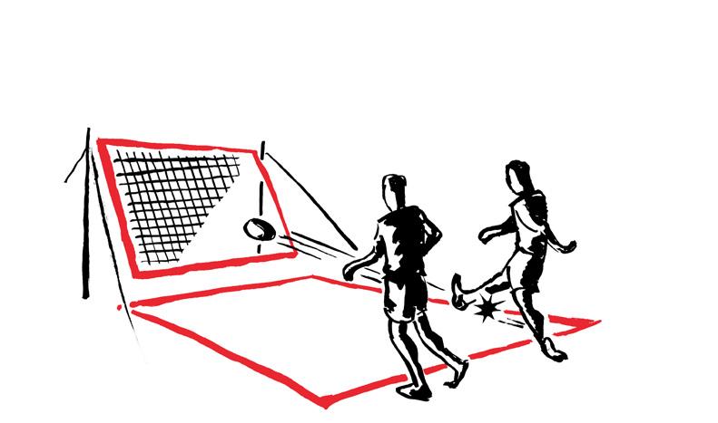 Players take turns hitting the ball, in the order of the original line, and have only one touch to hit it back.