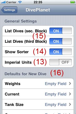 5 Settings You can find the Settings of the Dive Planet Application in the global Settings of your device. There you can find the Dive Planet Icon.