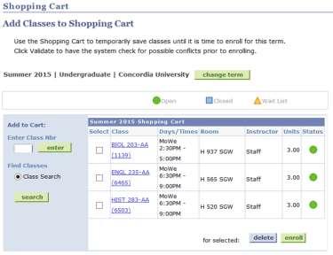 Separate shopping carts are available for each of the terms, although there is just one cart for both of the summer terms and there is an option of using one cart for a combination of the Fall &