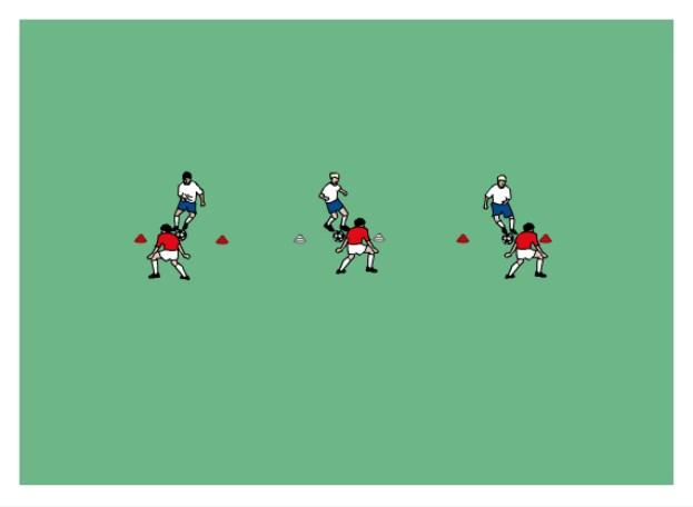 Feints: Ladder of Tricks and Feints Set up cones as shown in the diagram about 3-4yds apart. Players get into pairs with a ball between each pair.