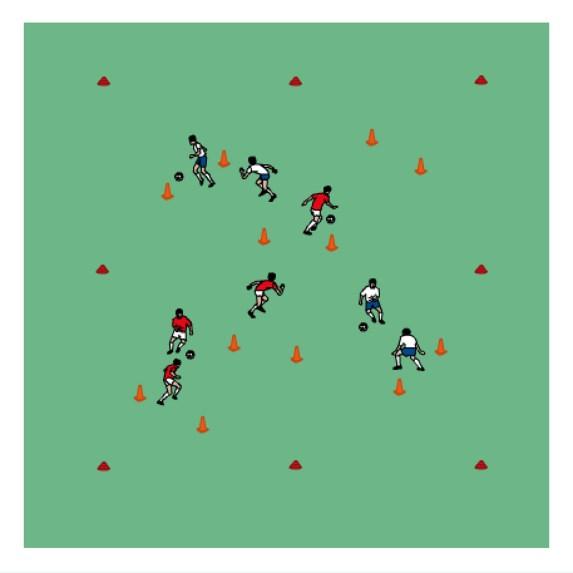 Dribbling, Turning and Shielding: Gate Game Set up a 15x15yd grid, with a series of small gates marked out by cones (see Diagram). Split group into pairs with one ball between two.