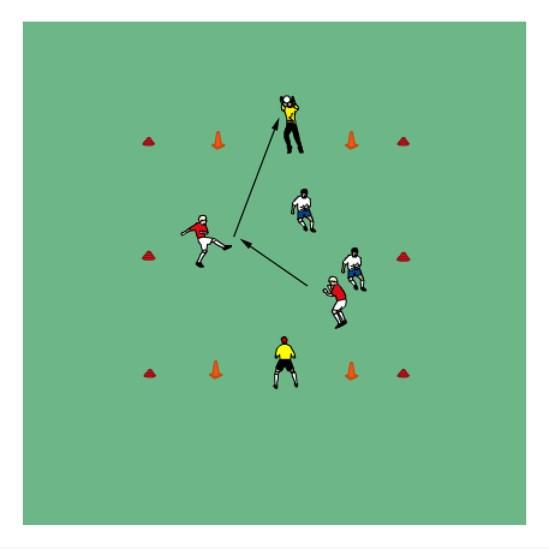 Volley: Throw Volley Catch 2v2 Mark out a 20x20yd grid with 2 small goals.