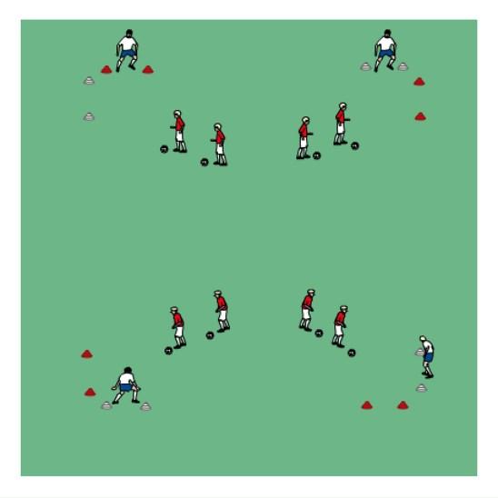 Technique Exercises Feints: Corners Set up a 20x20yd grid, with 2 gates marked out in each corner, 1 yellow, 1red. 4 groups of 2 or 3 players each with a ball start facing the gates (see diagram).