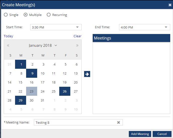 Using this option, you can enter a time, browse dates on the calendars, and quickly select a meeting date.