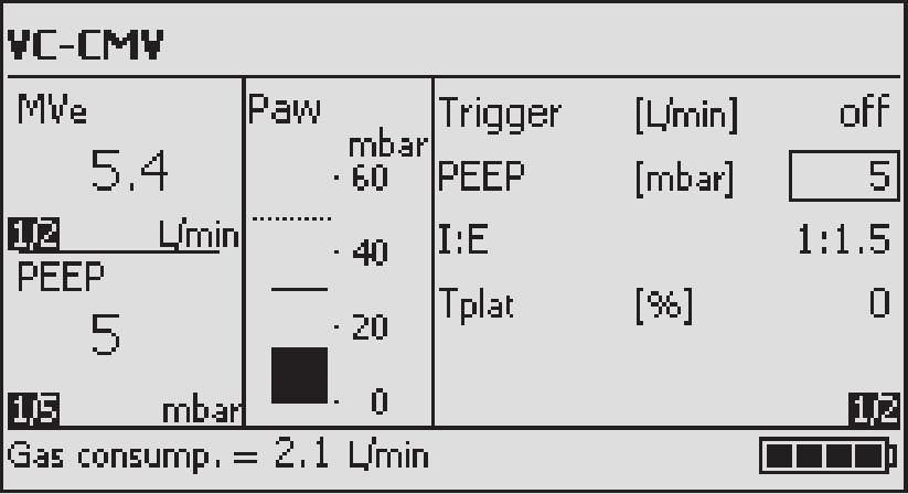 Operating Concept MVe / VTe window To advance to the next page: Press the lower Values key. Airway pressure bar graph A B A Parameter measured. B Measured value.
