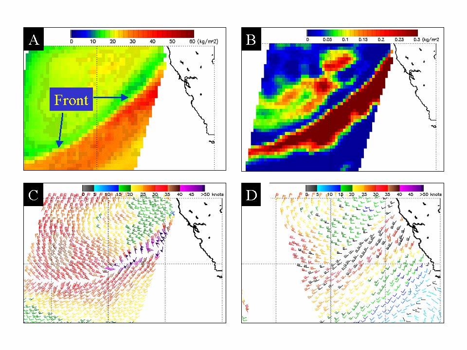 Fig. 2 Pacific Frontal System, 29 December 2003. A) Windsat TPW 1511 UTC; B)